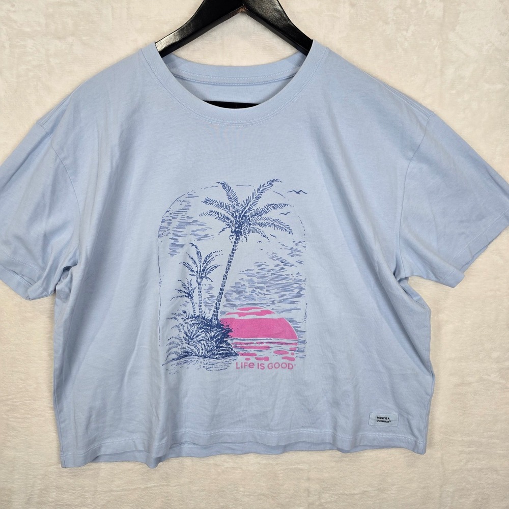 Life is Good Womens Crusher Tee Light Blue Palm Tree Sunset Graphic T-Shirt L